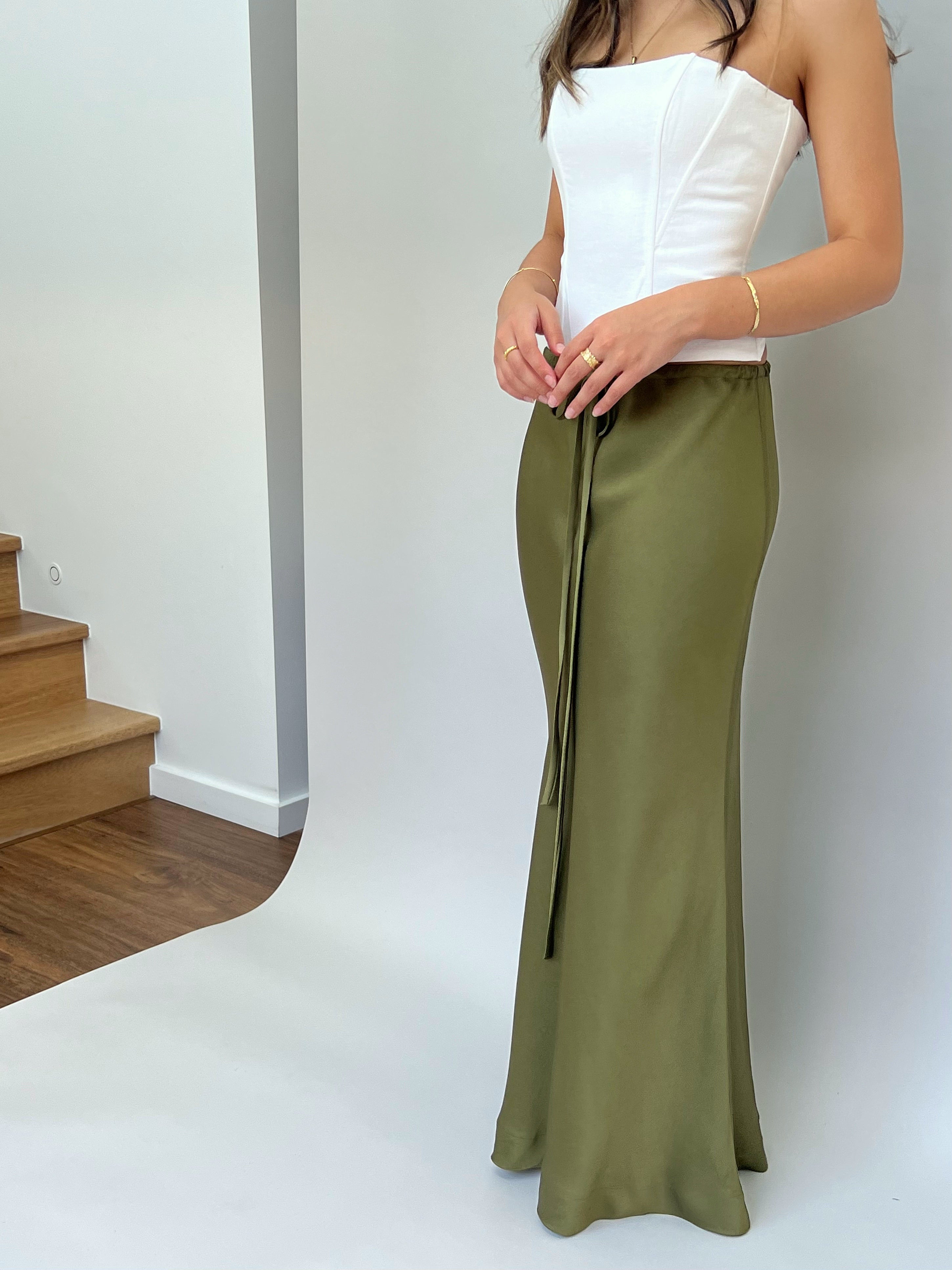 High waisted olive top green maxi skirt